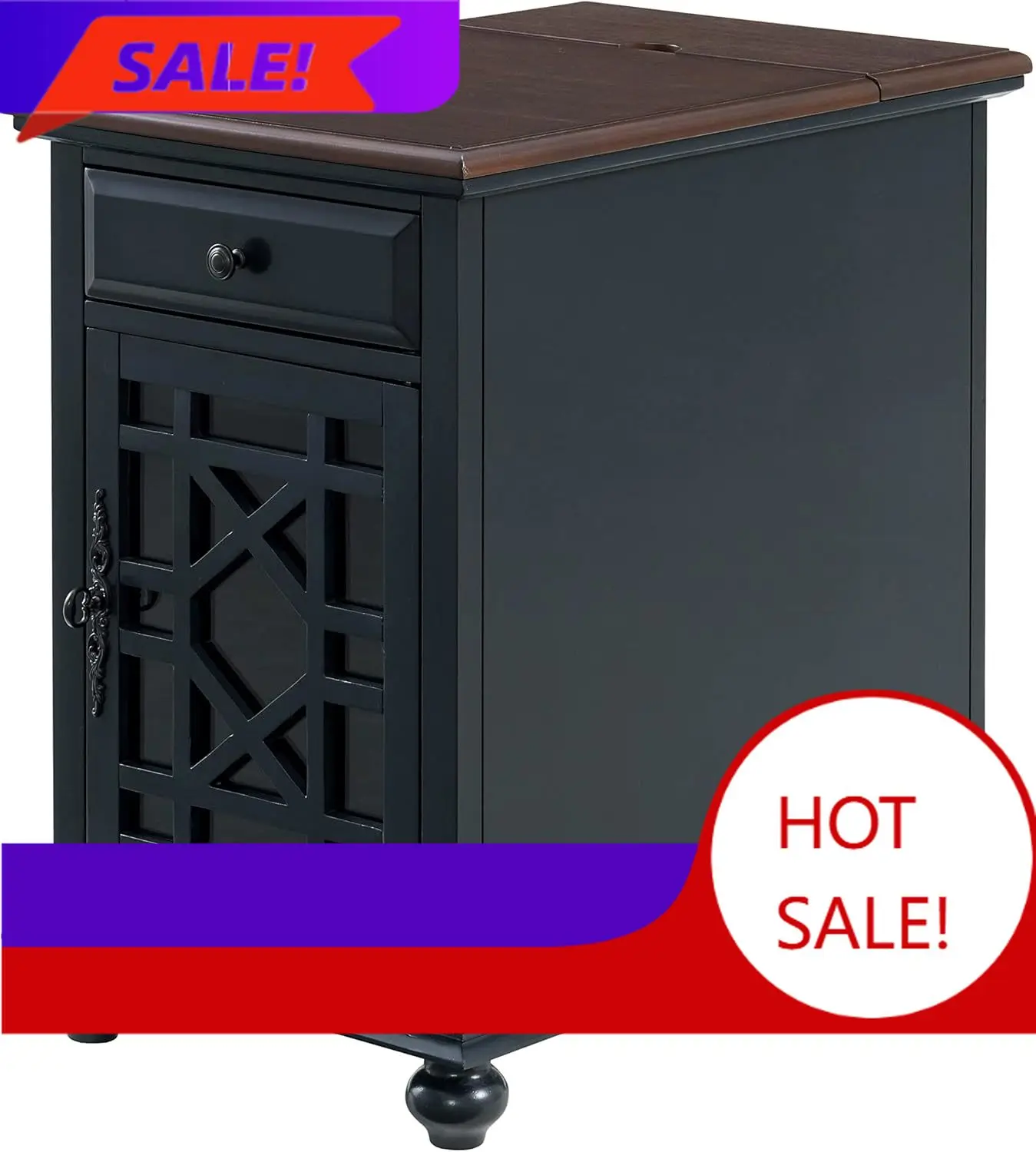 Elegante mesa auxiliar para el lado del sofá con toma de corriente — 24″ de ancho x 16″ de profundidad x 25″ de altura, azul Catalina con tablero de nogal — Mesa auxiliar de estilo transicional pintada con detalles en nogal