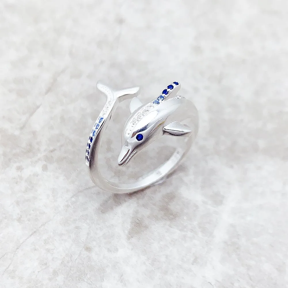 Ring Dolphin With Blue Stones Brand New Trendy Fine Jewelry Pure 925 Strerling Silver Cheerful Gift For Women