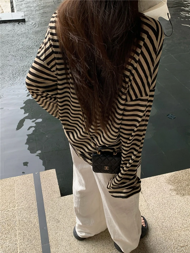 Idle Sle U Collar Stripes Long Sleeves T-Shirt Female Summer Autumn New Sle Sun Protection Thin Loose Mid Length Long Len...