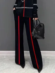 Freeacy Women's Polyester Pants Zippered High Waist Striped Floor Length Trousers 2025 Spring New ELegant Slim Fit Bottoms