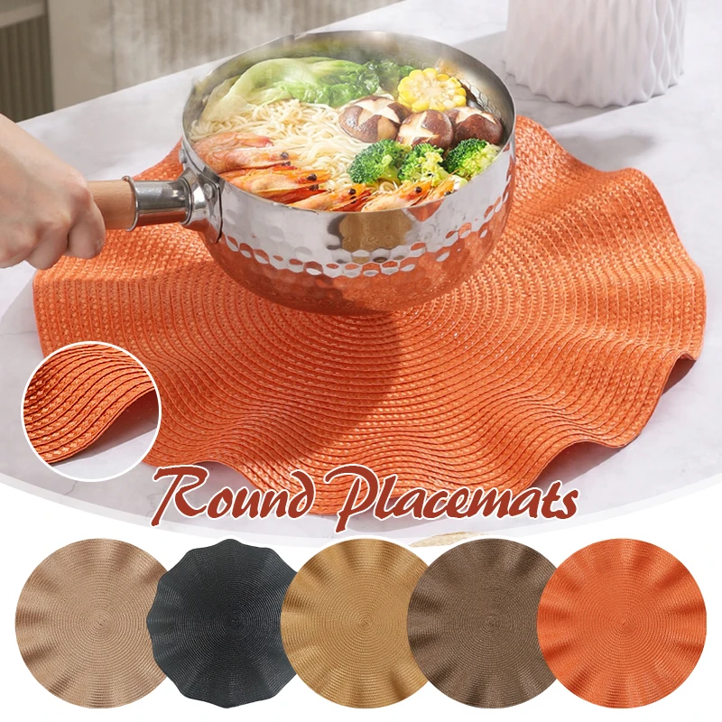 4 or 6pcs Round Weave Placemat PVC Insulation Pad Selvedge Table Cup Cushion with Corrugated Edge Non-slip Dining Table Mats