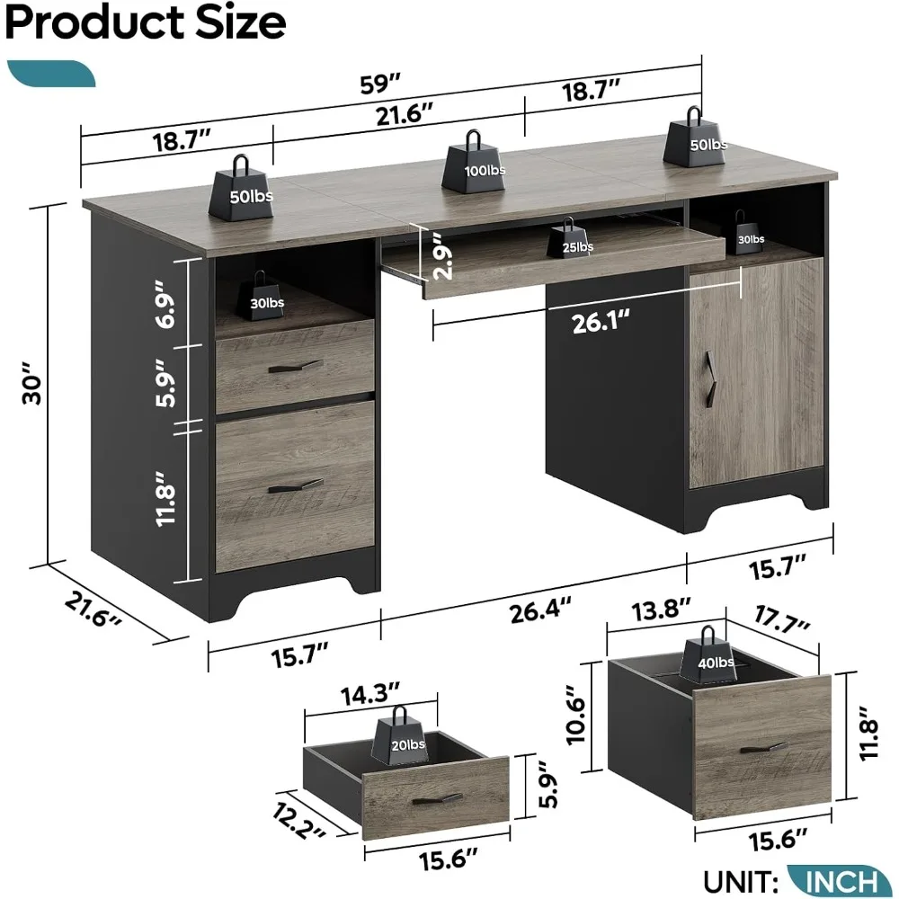 59” Executive Desk with 2 Drawers, Computer Desk with Storage Cabinet, Industrial Wood Desk with File Drawer,Keyboard Tray