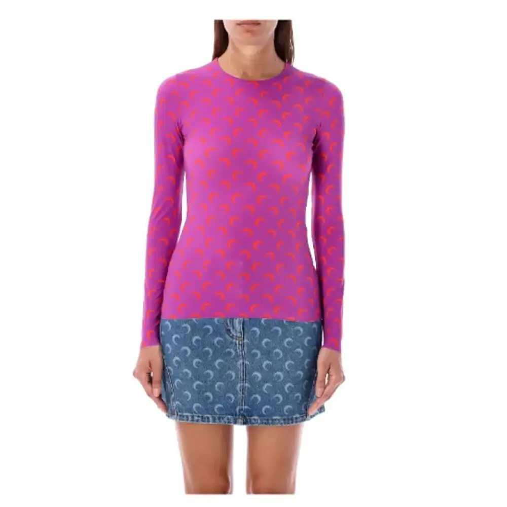 Korean Fashion Tops Women Autumn Long Sleeve Shirt Purple Moon Pattern Sweet Elastic Slim Fit Ice Silk Sunscreen Versatile Tee