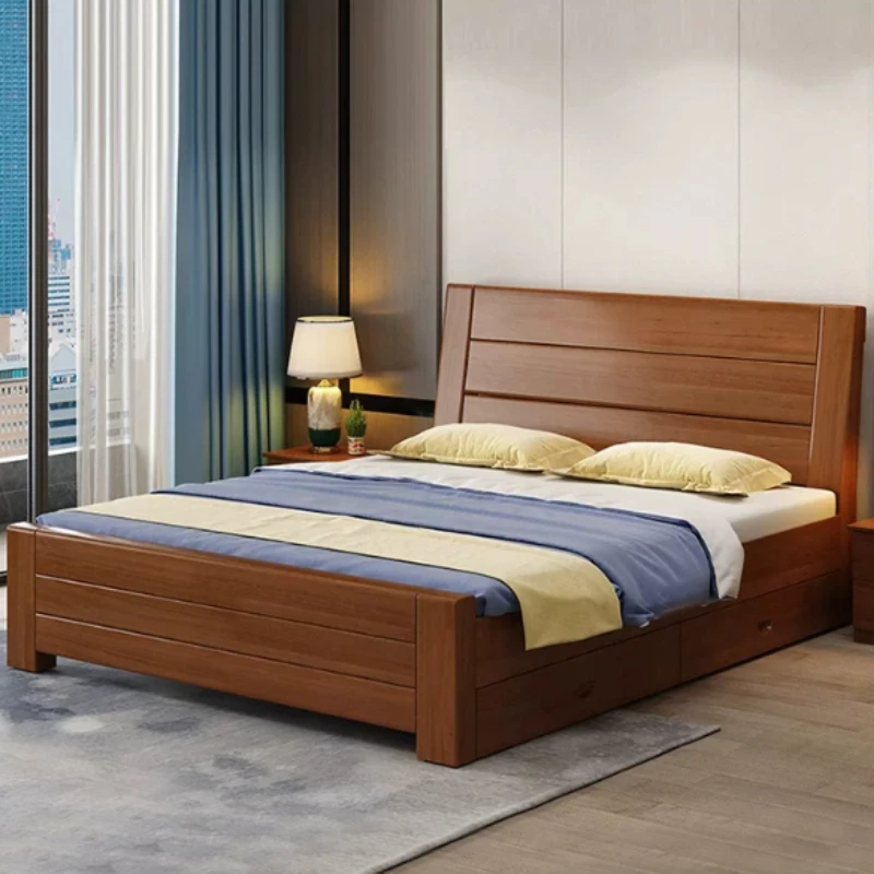 Vintage Grounded Oak Bed Set Decoration Drawers Modern Style Storage Frames Bed Double Solid Wood Letto Matrimoniale Furniture