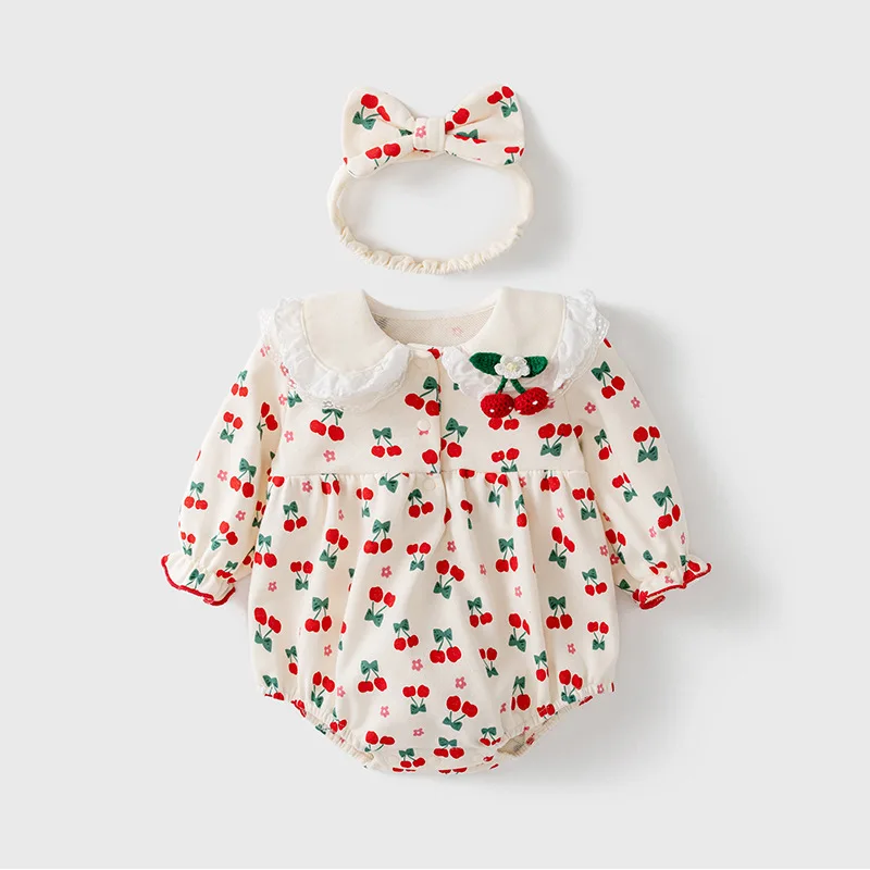 

Baby Jumpsuit2024Spring and Autumn Baby Girl Lapel Triangle Rompers Romper Full Printed Cherry Clothes for Babies