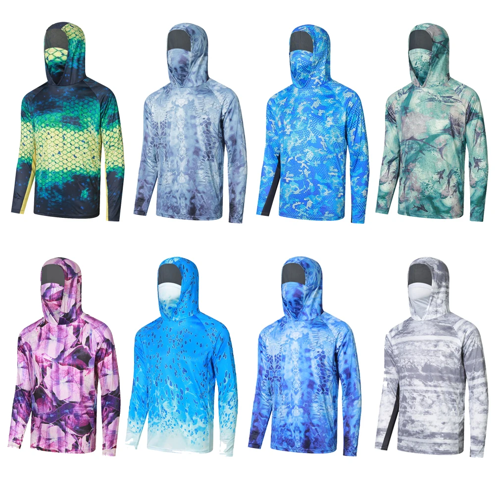 Men Camo Fishing Hoodie with Face Mask UPF50+Sun Protection Long Sleeve Shirt Quick Dry Breathable Outdoor Hiking Cycling Tops