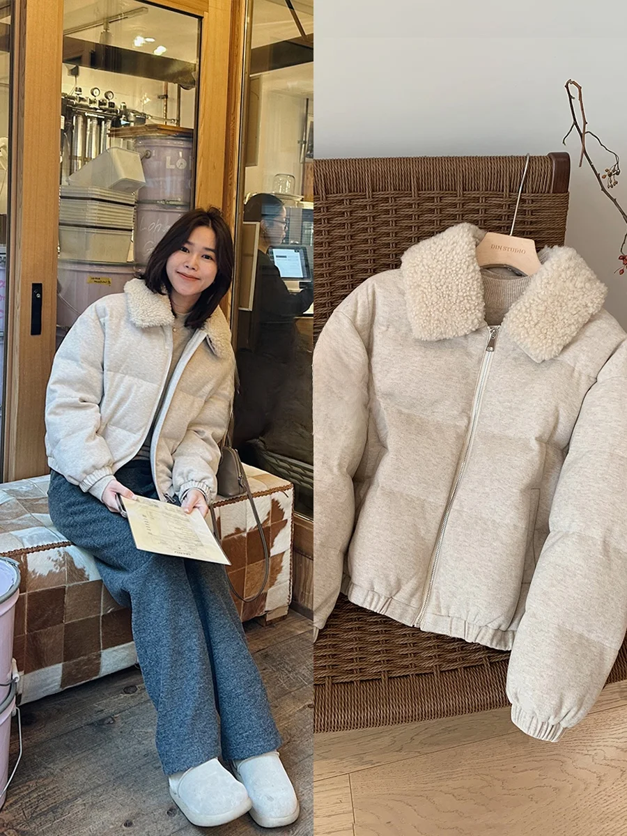 

Женская теплая повседневная короткая зимняя куртка из шерсти и шелка с вязаным воротником и съемным воротником из шерсти