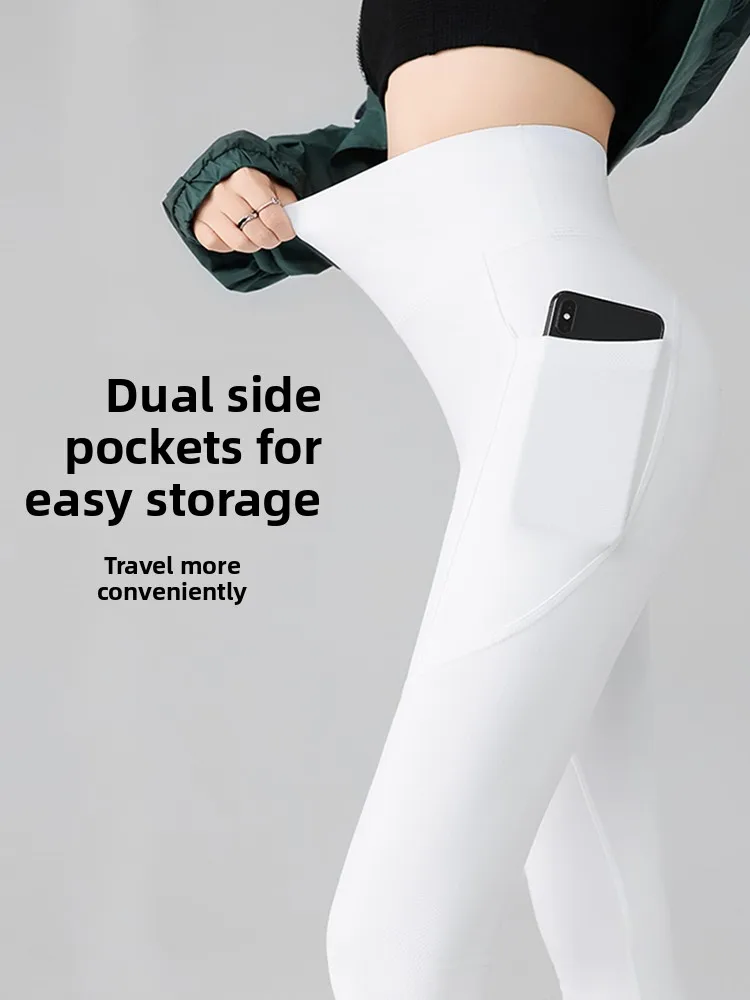 

High Waist Yoga Pants Women's Spring Autumn Extended Length Fitn Tight Pants Ladies arkskin Pants with kets