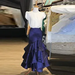 Navy Blue Tiered Skirts Girls Satin Long Skirts Women Formal Wear Birthday Party Gowns Ruffles Ankle Length Women Long Skirt
