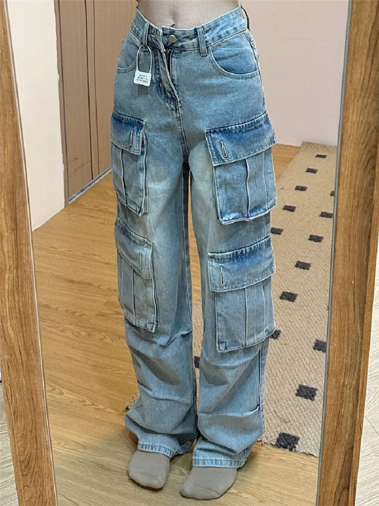 

American Retro Light Blue Workwear Jeans Women's Spring Summer Loose Drapey Tall Extended Floor-Length Wide Leg Pants