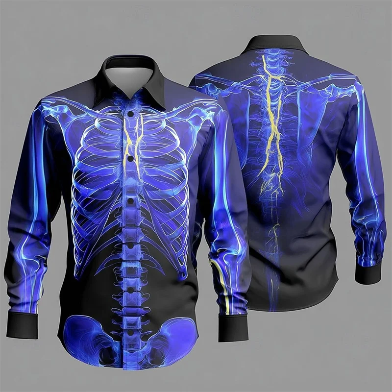 Retro skull shirt men's long sleeved shirt style 3D bone print punk rock gothic top loose casual shirt top