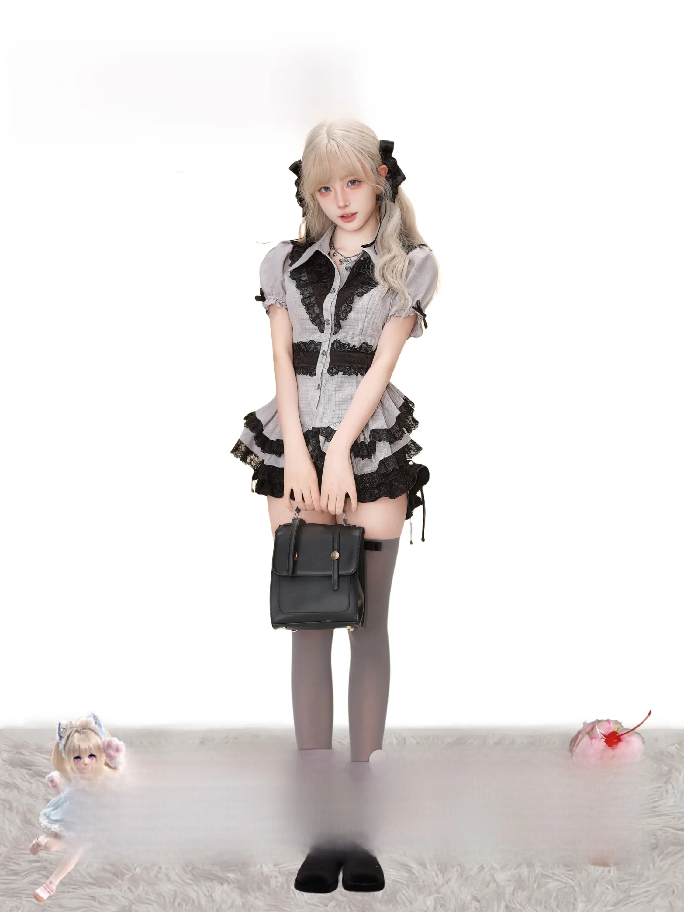 

Light Gothic Grey Lace Top And Skirt Set Summer Fashion Ensemble for Women 18-25 Years Old Brandless Registered Trademark