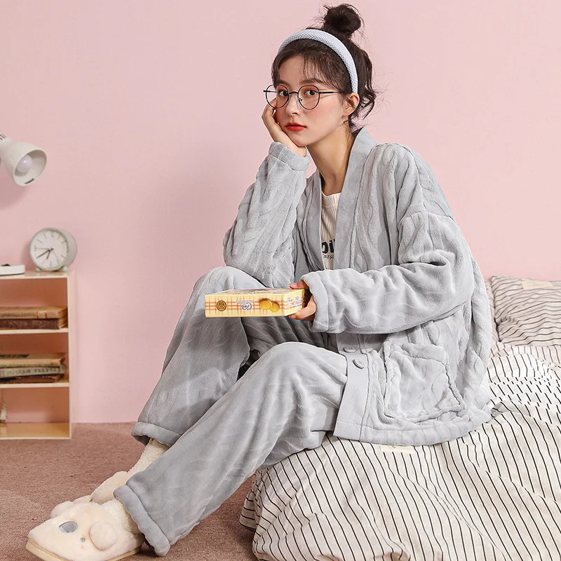 Woman Autumn Winter Warm Pajamas Set Fashion Casual Korean Minimalist Style Cartoon Girl Thick Trendy Sleepwear