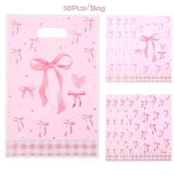 50Pcs Sweet Pink Bow OPP Gift Packing Bag Candy Cake Snack Pouch Bag for Kids Girl Birthday Baby Shower Wedding Party Decoration
