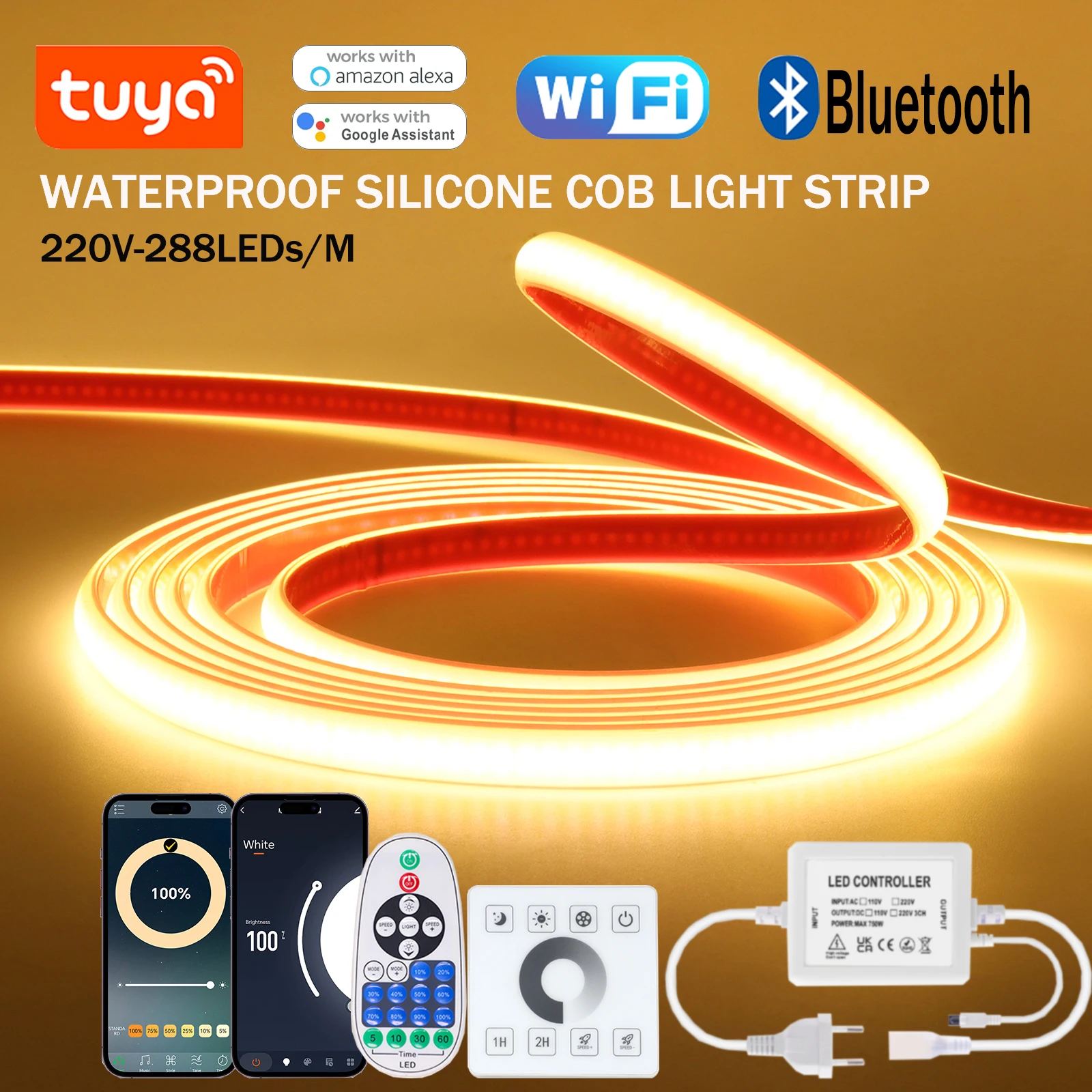 

Dimmable COB LED Strip 220V EU 288LEDs/M Waterproof IP65 Flexible Ribbon Light Tape Tuya WIFI/Bluetooth APP Control Lamp Strips