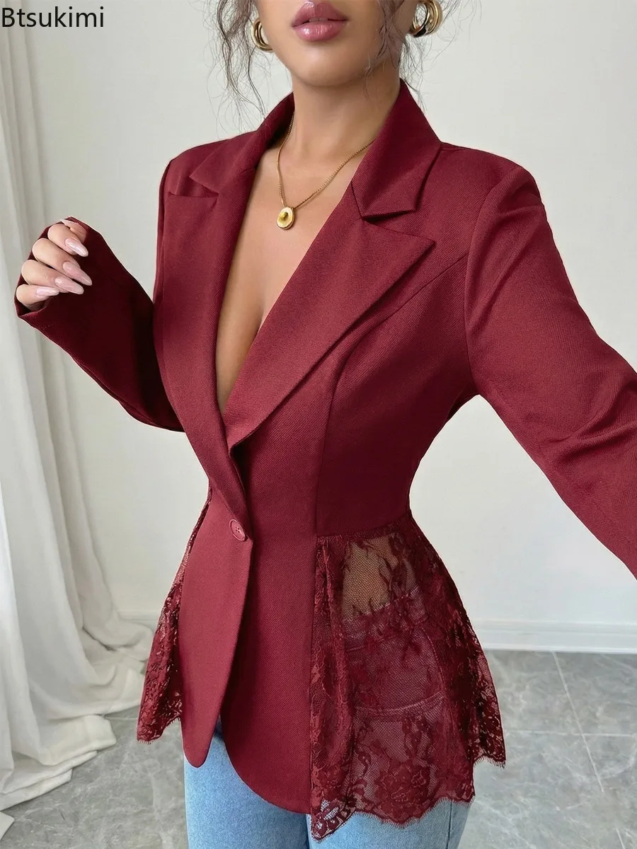 New Women's Solid Color Lace Patchwork Blazer Lapel Single Breasted Sheer Lace Hem Panel Fitted Waist Elegant Office Outerwear