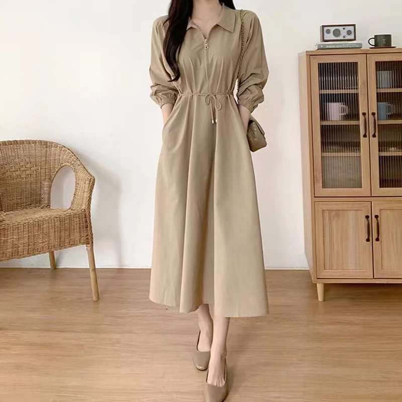 

Модное корейское платье для женщин на весну-лето с поясом и завязками на талии, универсальное, с длинными рукавами, для повседневной носки