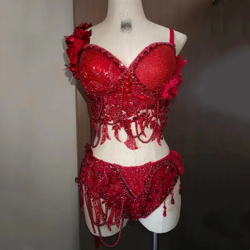 

Women's Bikini Red Rhinestones Pole Dance Costume Set Nightclub Bar DJ Gogo Dancer Music Festival Rave Outfit Club Stage Wear