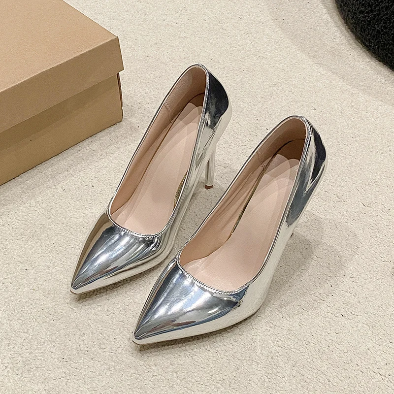 Metallic Silver Gold Pumps Women Ladies Shiny Hign Heels Wedding Dress Thin Heel 10cm Luxury Woman Shoes Size 34-43 gold heels