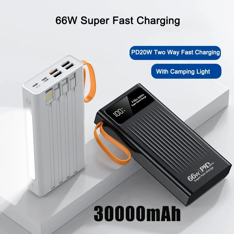 

Power Bank 66 Вт Сверхбыстрая зарядка Powerbank большой емкости 30000 мАч Встроенный кабель Внешнее зарядное устройство для iPhone Xiaomi 9