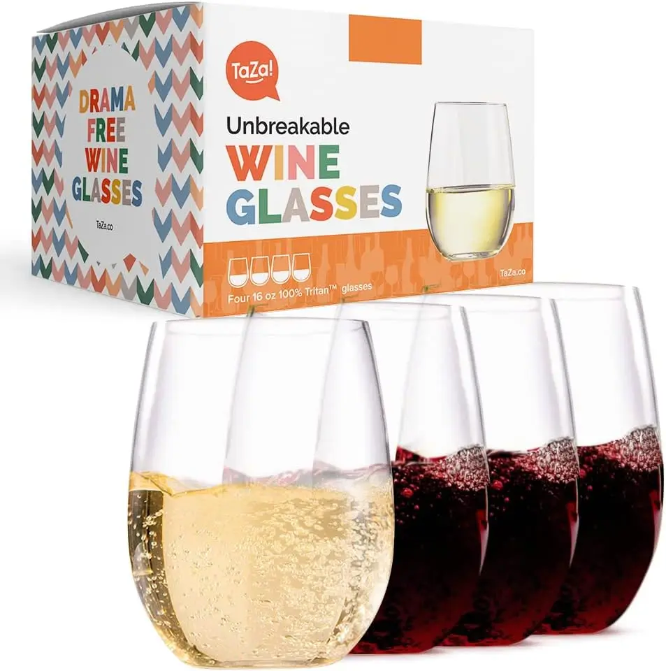 

Outdoor Wine Glasses Stemless, 16oz Set of 4, Unbreakable Tritan Plastic Drinkware, Dishwasher Safe Reusable Glasses, Clear Shat