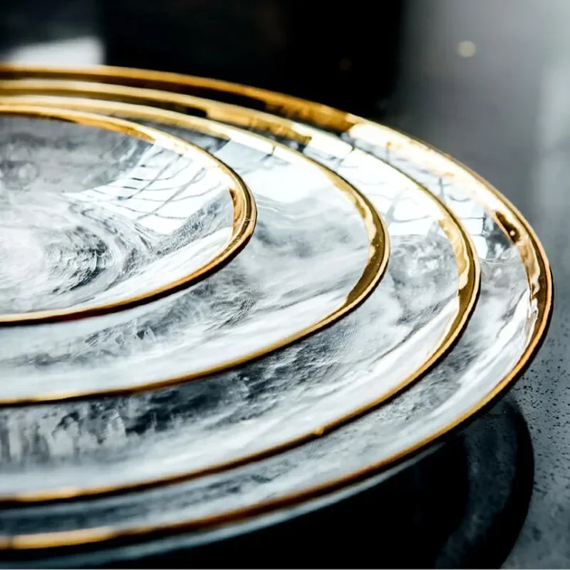 Ins Gold Gdge Glass Plate Bowl Nordic Tableware Steak Tray Fruit Salad Transparent Colorful Plates 1pcs