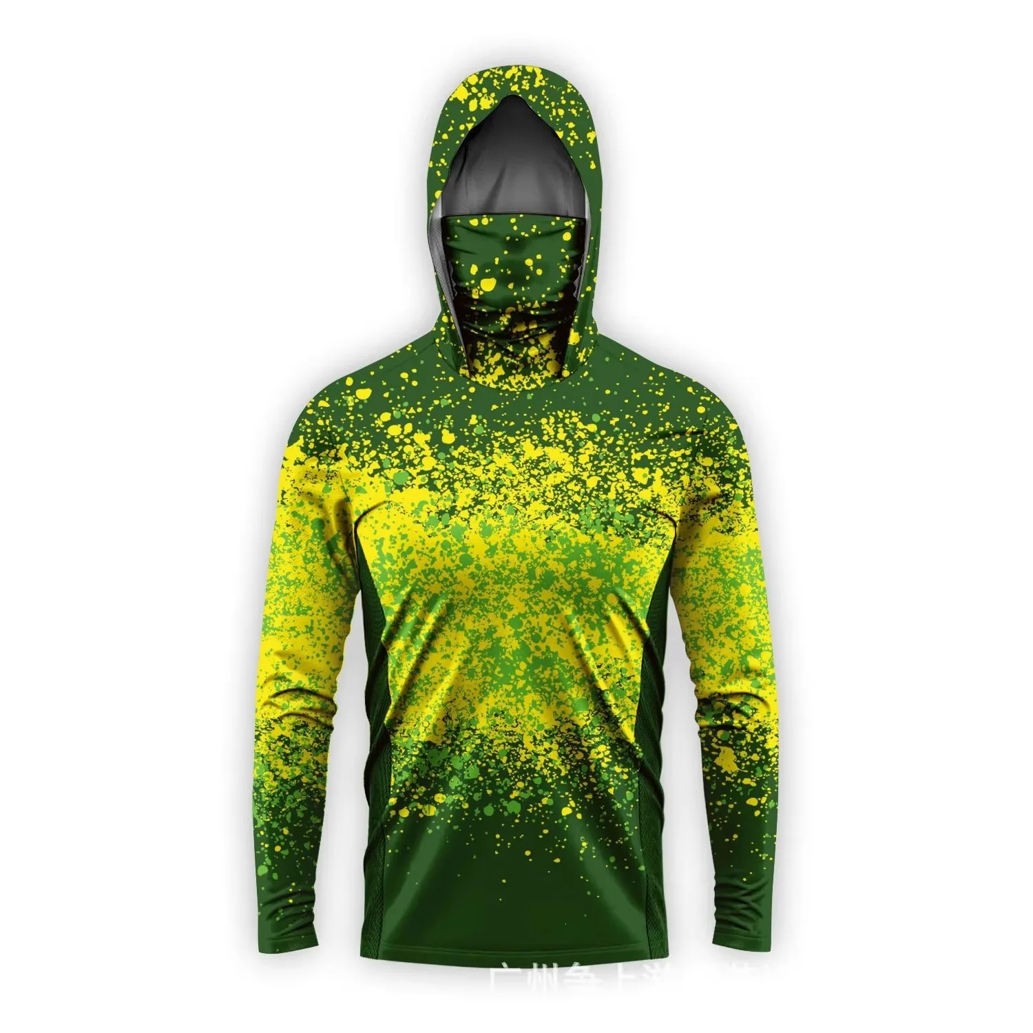 Summer Anti-UV Fishing Hooded T-Shirt With Balaclava Neck Cover Gradient Paint Camo Quick Dry Long Sleeve For Beach Boating Hunt