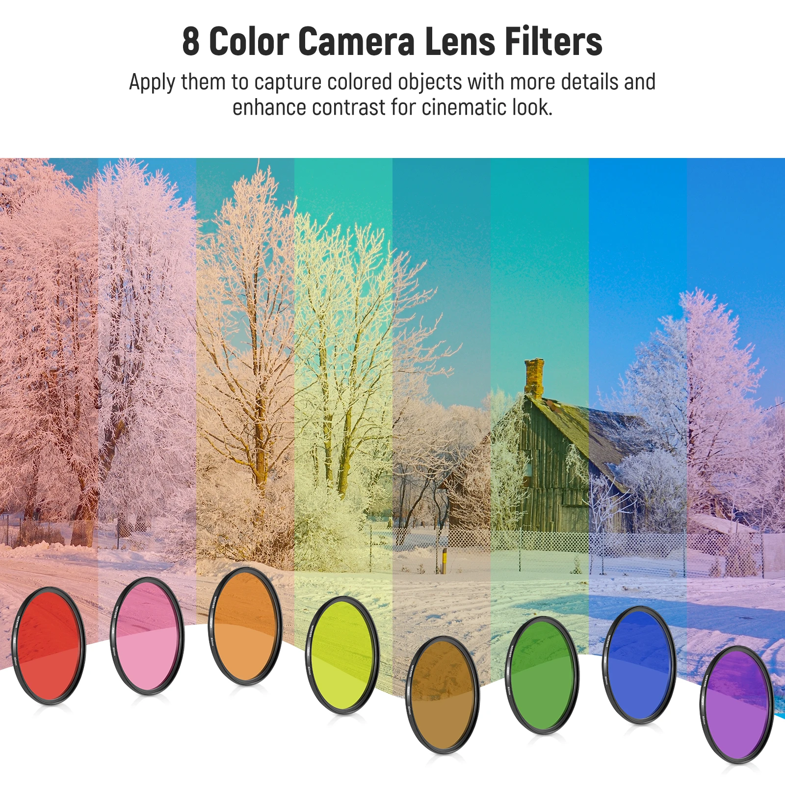 NEEWER 9PCS Full Color Lens Filter Set Resin Lens Filters with Red Orange Blue Yellow Green Brown, Purple Pink Gray Camera Lens