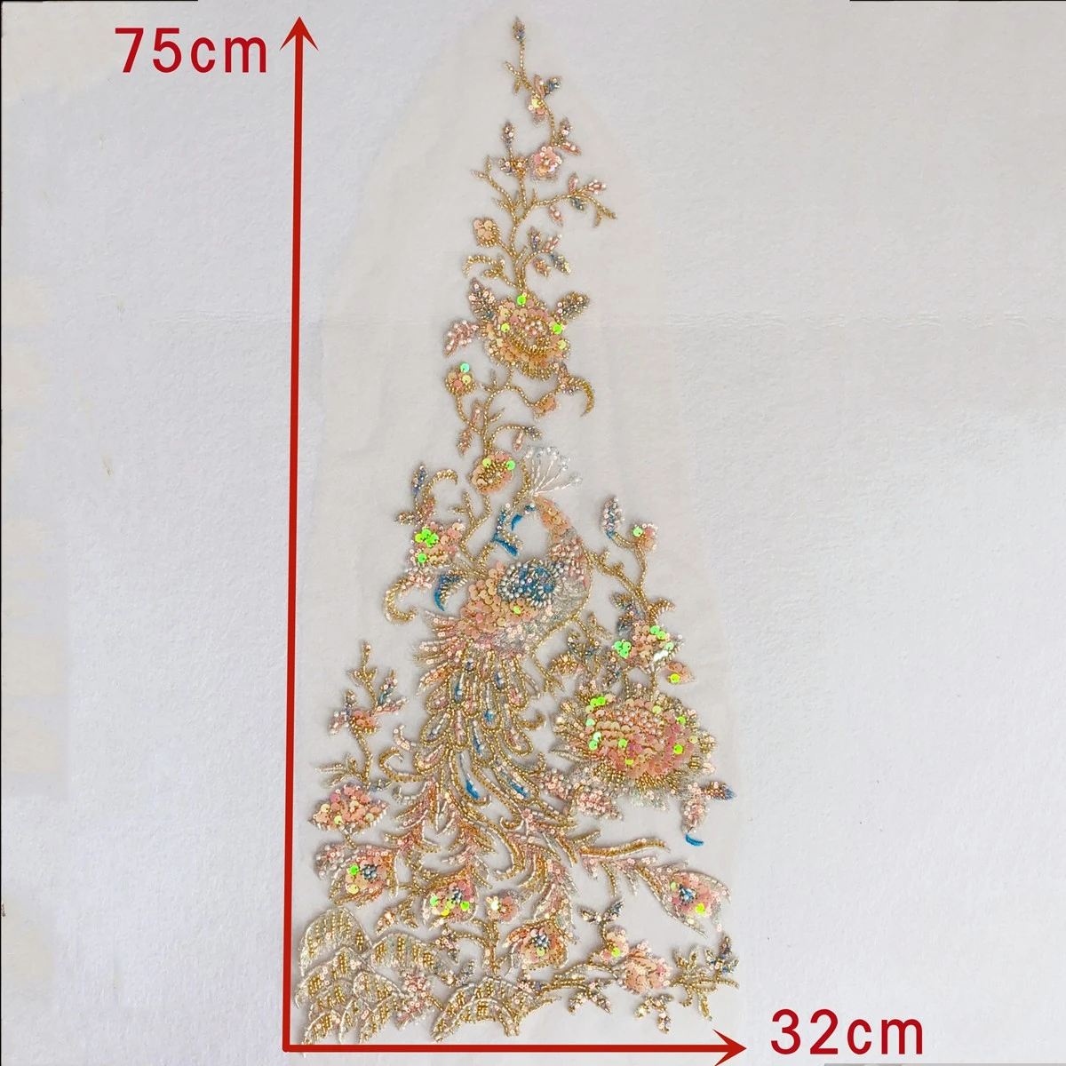 Peacock Shaped Pearl Lace Applique,Champagne, MultiColor Laser Sequin Performance Clothing, Shines Brightly Stage Party, RS24511