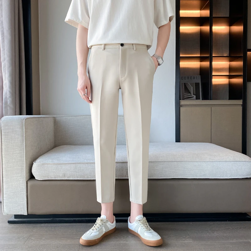 Business Casual Ice Silk Thin West Pants Men's Nine-Tenths Slim Fit Trousers Korean Style Spring Summer Fashion Trend