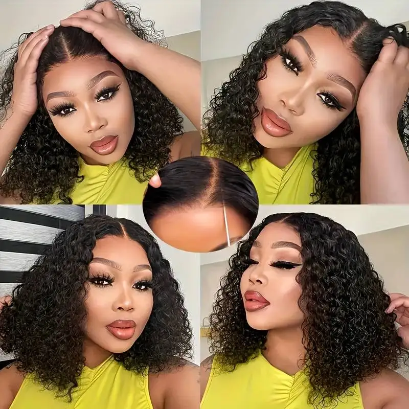 10インチショートカーリーボブウィッグレースフロント人毛ウィッグ220密度4x4ディープウェーブレースフロントウィッグブラジル人毛ウィッグ女性用