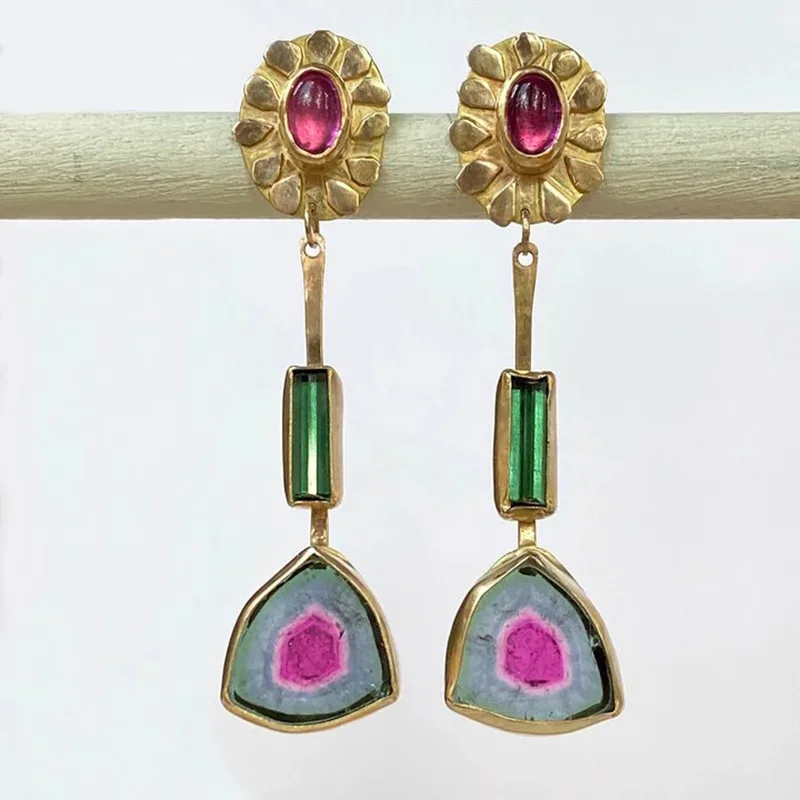 

Exquisite Gold Color Round Flower Square Green Red Stone Carving Dangle Earrings for Women Jewelry