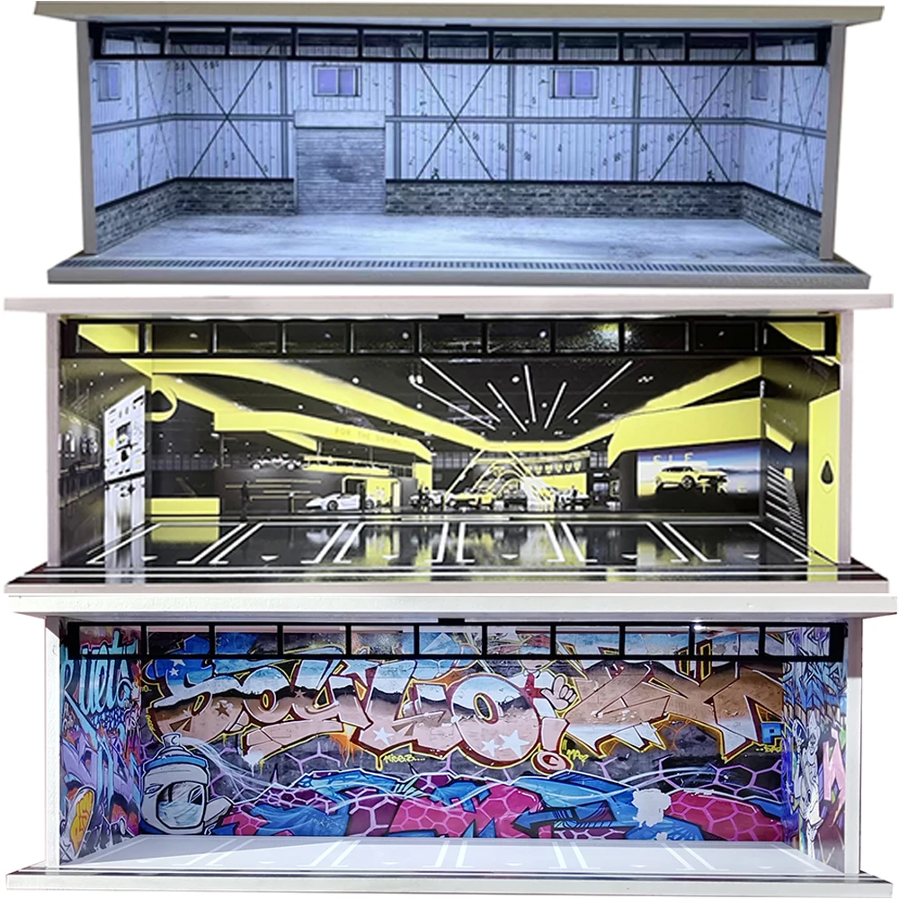 1/64 مقياس سيارة المرآب الديوراما مع USB مصباح ليد واقعية موقف السيارات عرض الحال بالنسبة نموذج السيارات والمركبات المصغرة #4