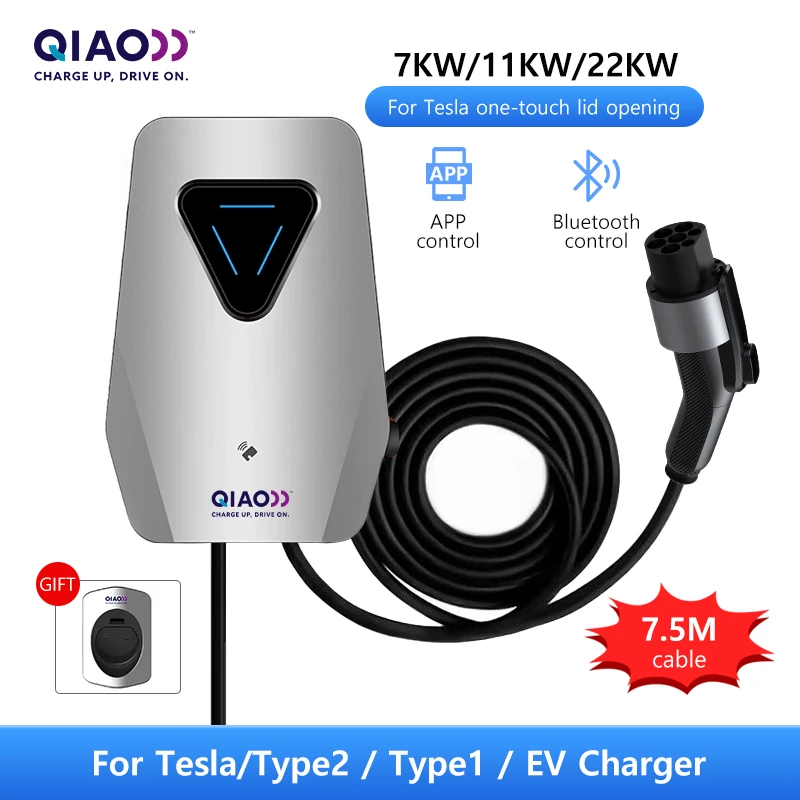 QIAO Home Level 2 EV Charger 7.3KW 11KW 22KW WIFI Bluetooth APP Control 7.5 M RFID Card Charging Charging Station EV Accessories