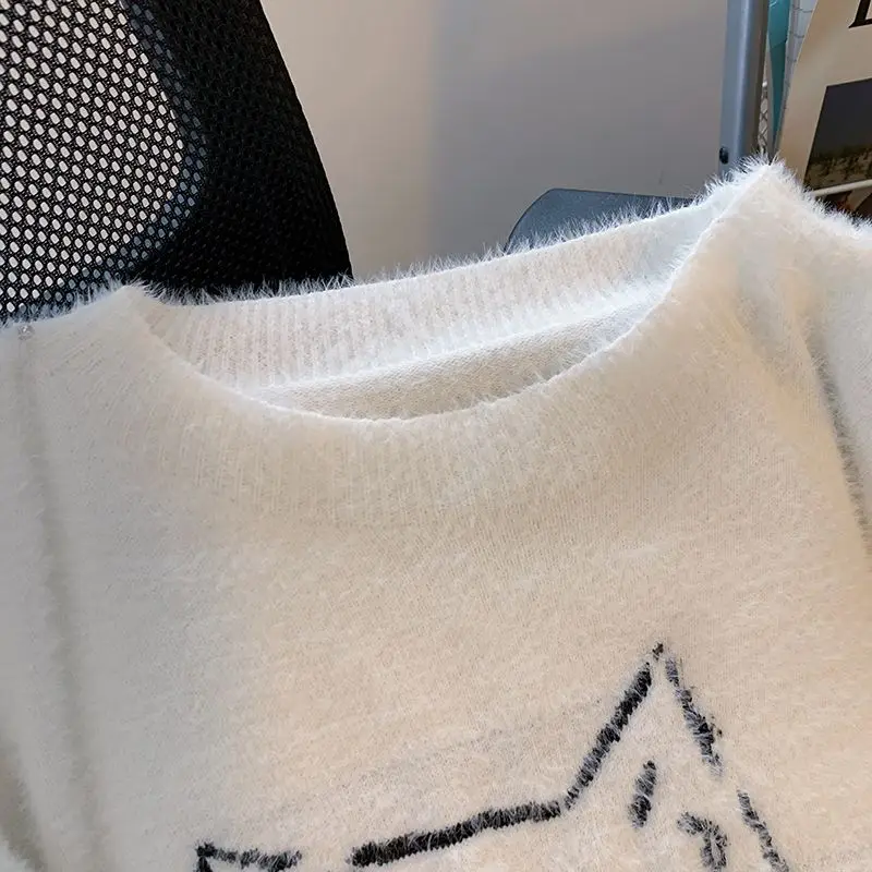 Witte Truien Cartoon Kattenprint Jacquard Geweven Gebreide Trui Koreaanse Winter Vrouwen Ontwerper Losse Schattige Gebreide Truien Tieners