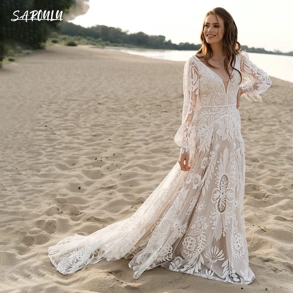 Bohemian  Long Puffy Sleeves Elopement Bridal Gowns Allover Lace Wedding Dress  A Line V Neck Tassel Boho Beach Bride Dresses