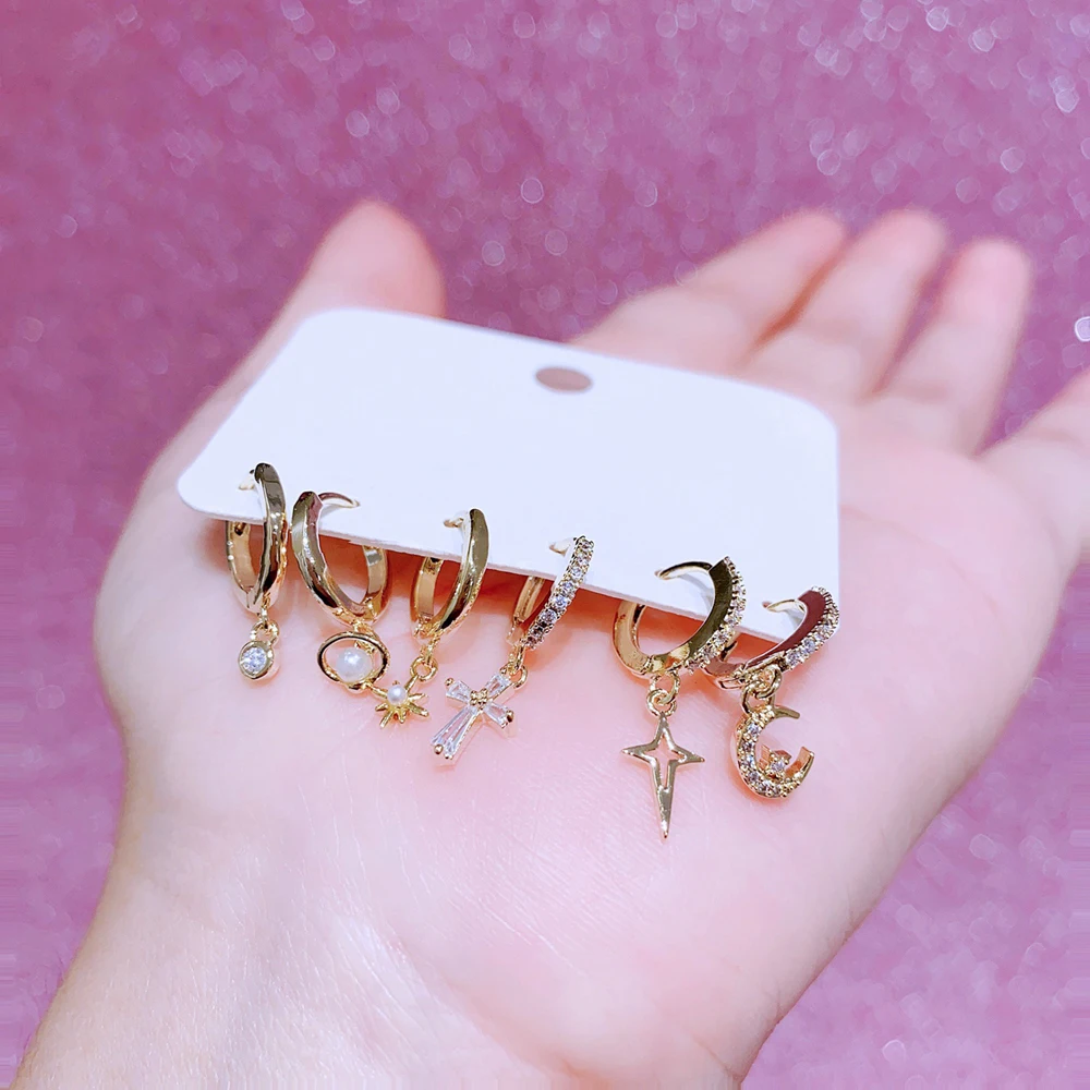 MIGGA 6pcs Cubic Zircon Saturn Moon Star Dangle Earrings Set Gold Plated Women Huggie Earrings Jewelry image 6