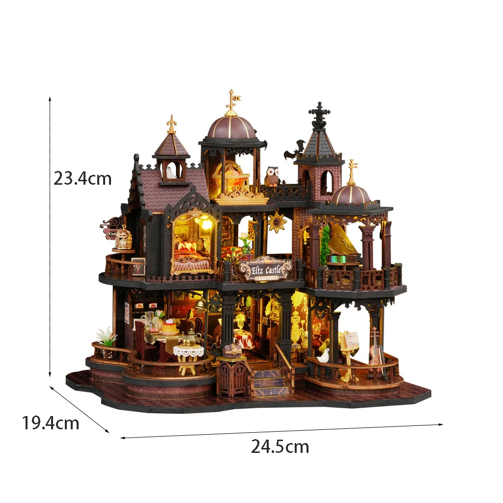 OUZEY 3D Medieval Castle Dollhouse DIY Kit - Scottish Style Wooden Model with Figurines, Bookshelf Decor Gift
