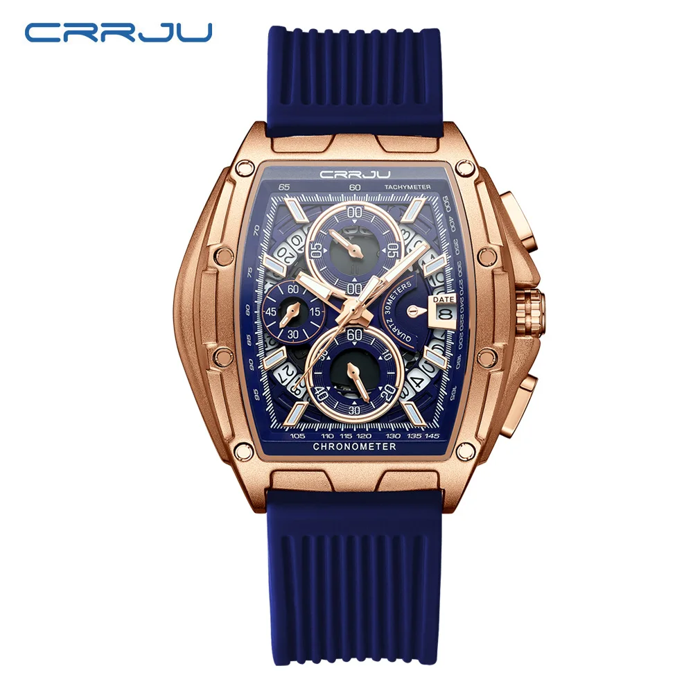 CRRJU-Reloj de pulsera de cuarzo y silicona para hombre, cronógrafo masculino con espejo curvo, superficie hueca, deportivo