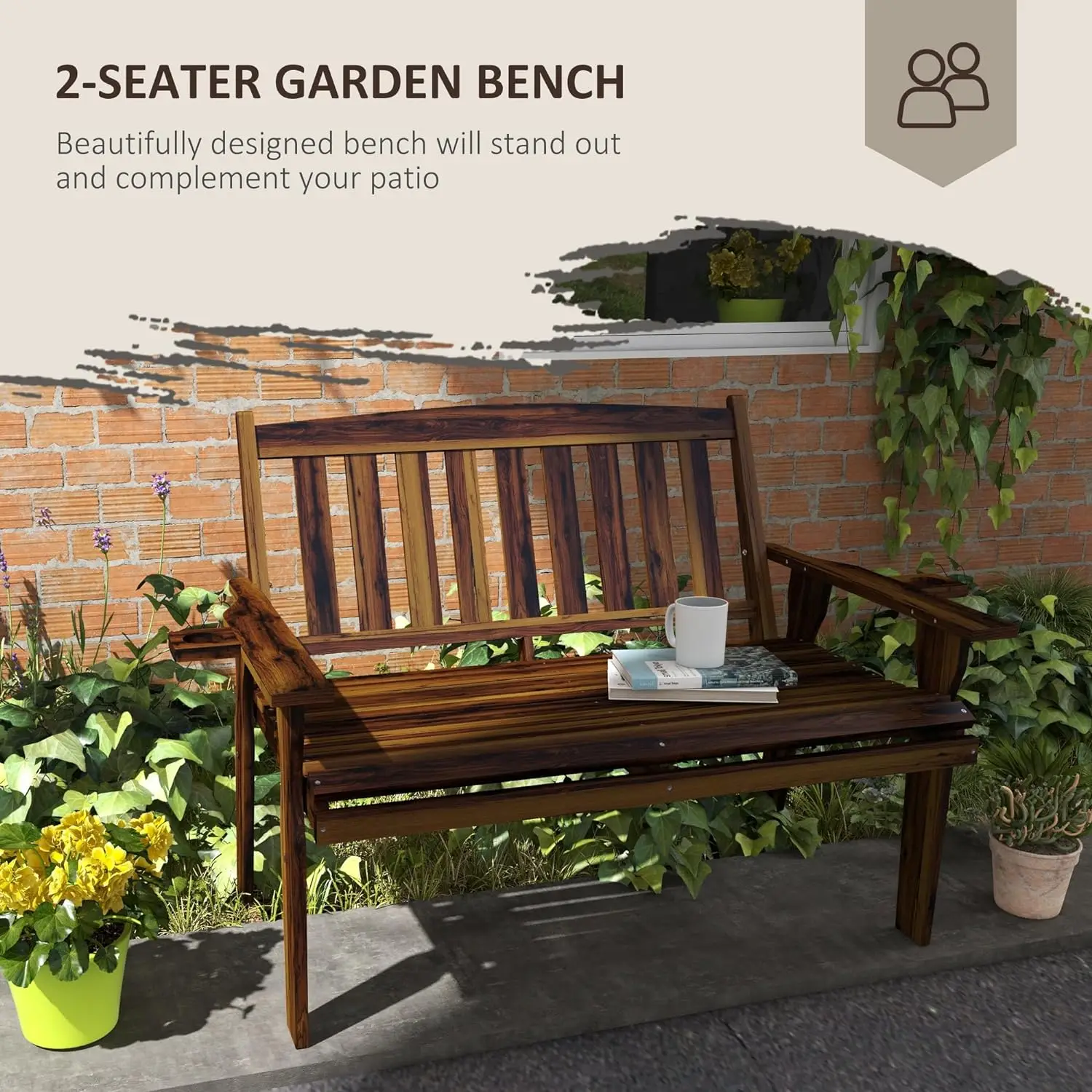 Wood Outdoor Bench, 2-Person Garden Bench with Cupholder Armrests, Slatted Seat and Backrest, Park Bench for Patio, Porch