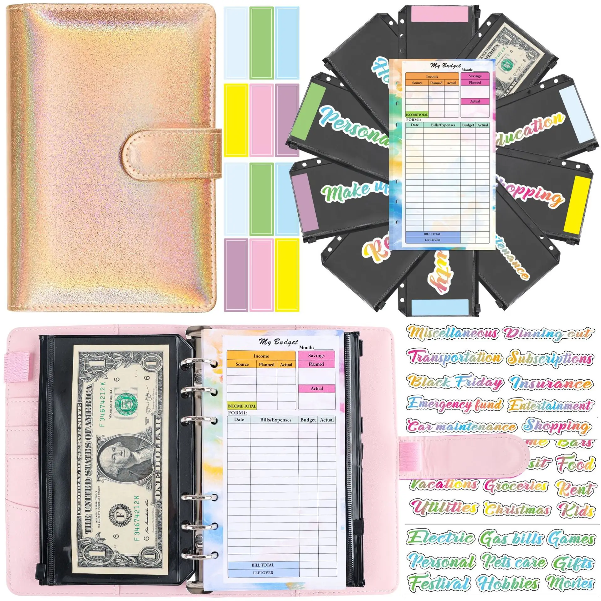 

A6 Glitter Money Budget Planner Binder With 10Pcs Zipper Envelopes Cash Envelopes For Budgeting Money Organizer For Budget Binde