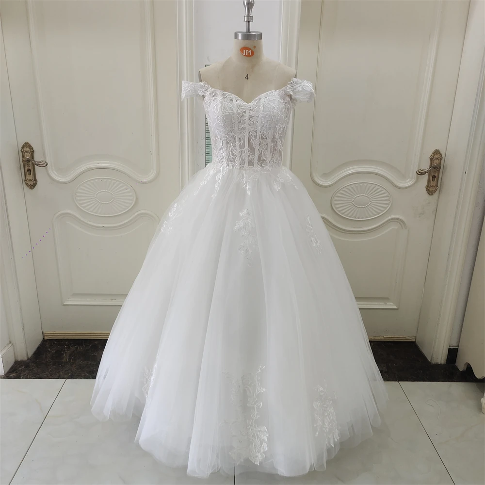 ZJ9361 White Lace Tulle Appliques Off Shoulder Wedding Dress A-Line Lace-Up Back Ball Gowns Bride Princess Formal Women Dress