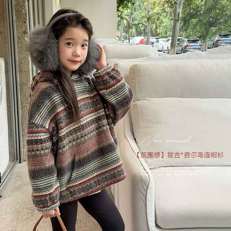 2026 Children's Retro Fel Island Jacquard Hoodie with An Atmosphere of Retro Ethnic Striped Loose Top Boutique Clothing