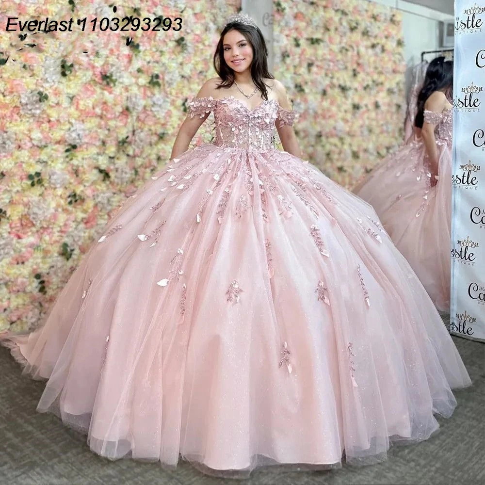 

EVLAST Glitter Pink Quinceanera Dress Ball Gown 3D Flowers Applique Beading Sequins Mexican Sweet 16 Vestido 15 De Años TQD260