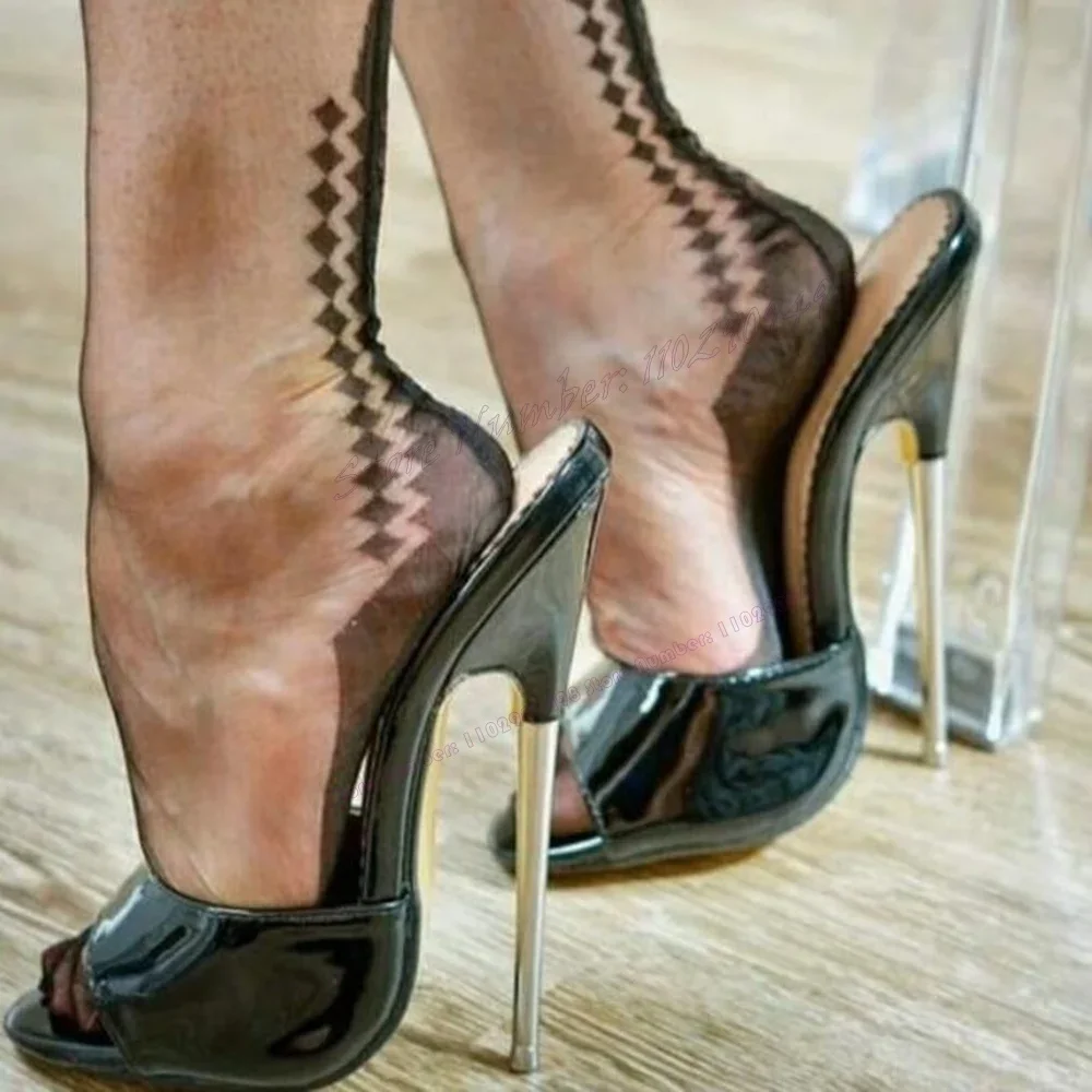 

Black Peep Toe Metal Heels Slippers Patent Leather Shoes for Women Extreme Thin High Heels Sexy Shoes 2023 Zapatos Para Mujere