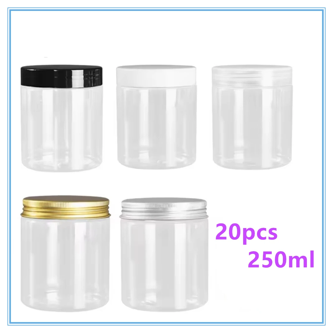 برطمانات تخزين 20 × 250 مللي مع أغطية علبة مستديرة شفافة برطمان مستحضرات تجميل بلاستيكي فارغ حاويات تخزين المواد الغذائية مستلزمات المطبخ للسفر
