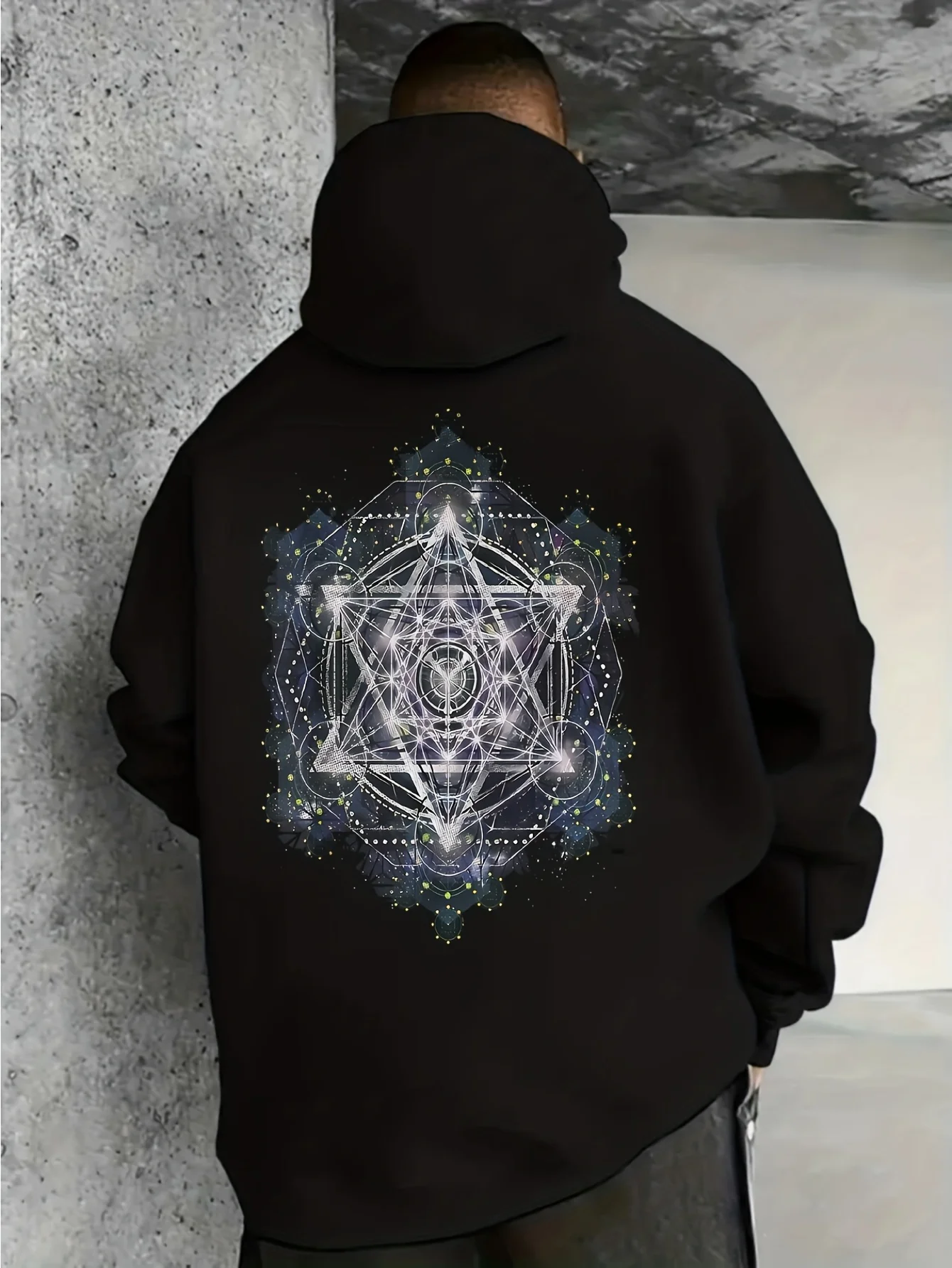 Men's and Women's Metatron Cube Sacred Geometry Hoodie - Pullover with Kangaroo Pocket, White, Blue, Gold, and Teal Sacred Geometry Print, Platonic Three-Dimensional Design Like Greek Keys, Unisex Casual and Game-Day Hoodie