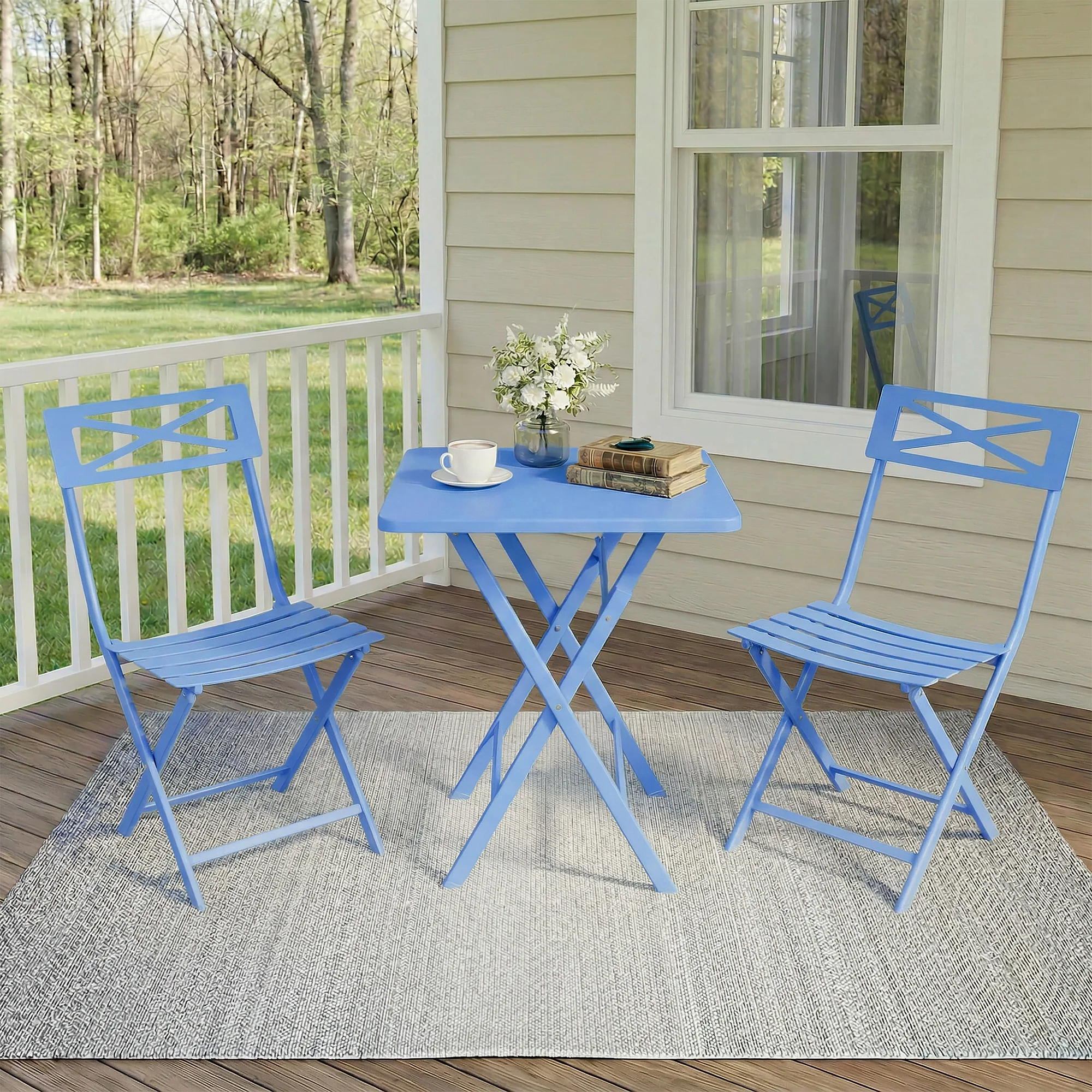 GarveeLife BLUE Folding 3-Piece Bistro Set, Heavy Duty Steel Patio Furniture – Weather-Resistant, No Assembly, Space-Saving Table and 2 Chairs for Garden, Balcony, Yard, or Poolside, Outdoor/Indoor Use
