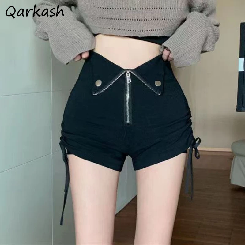 

Shirring Y2k Shorts Women Skinny All-match Stretchy Casual European Style Summer Zip-up Tender Streetwear College High Waist New