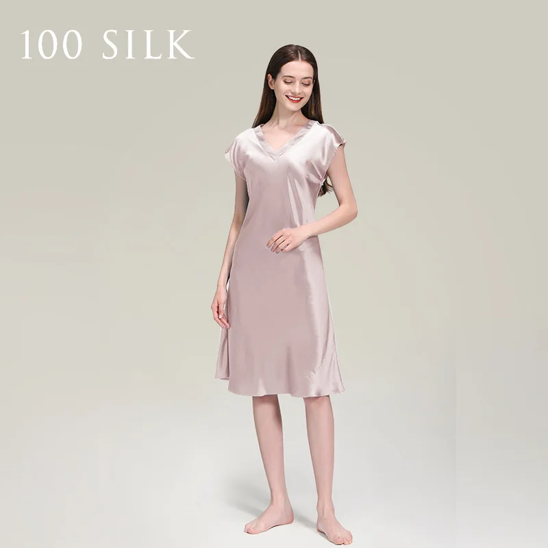 Women's Summer 2025 V Neck Silk Nightgown Soft Lightweight 100% Silkworm Silk Loungewear Comfortable Cozy Soft Women‘s L Size